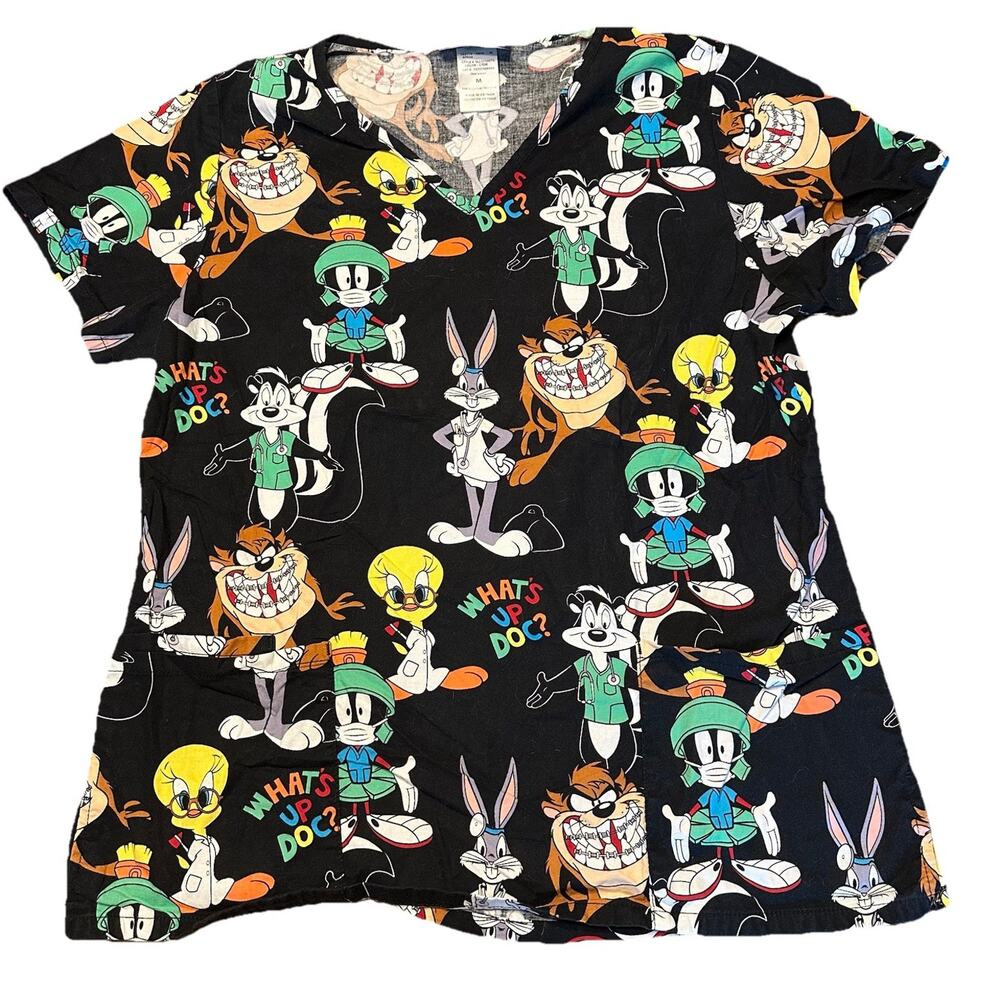 Looney Tunes Scrub Top Medium Bugs Bunny Tweety‎ Taz Medical Cartoon Shirt